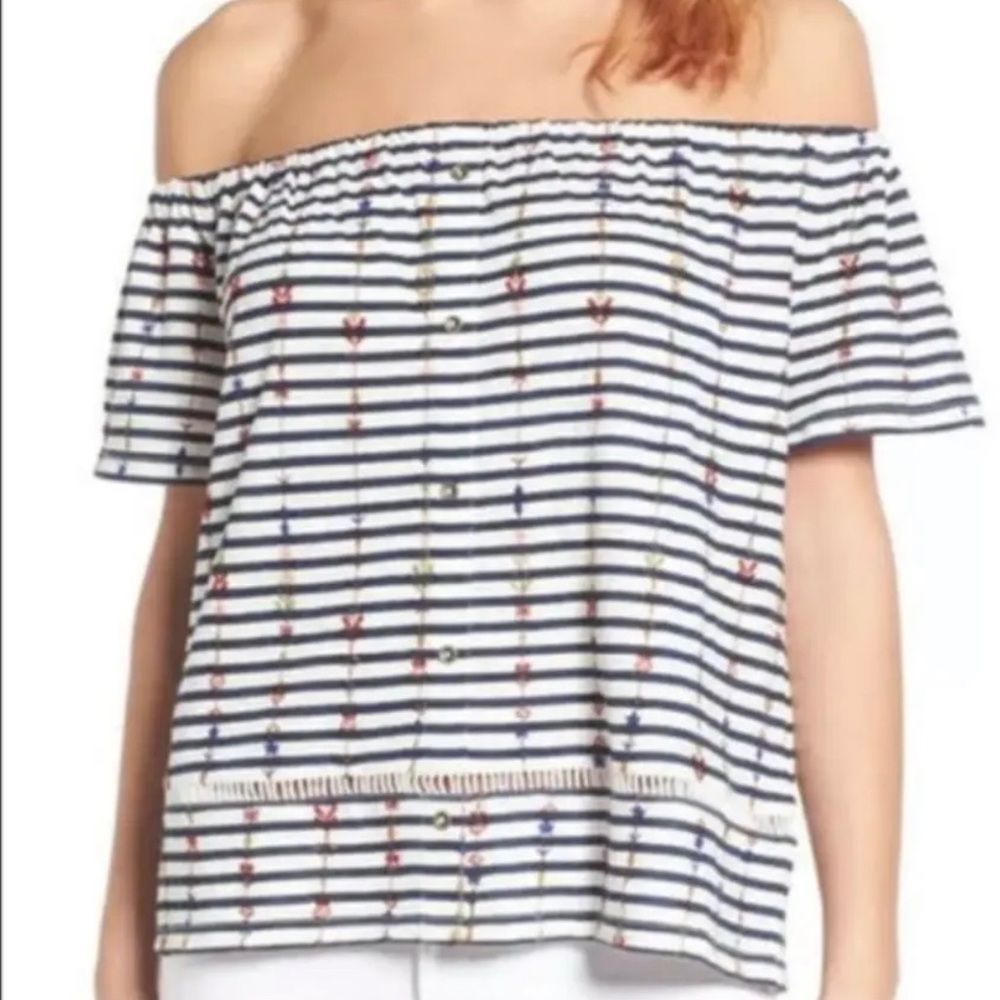 Lucky Brand Off-Shoulder Top in White and Black Stripes Floral Pattern Size S